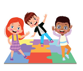 Wall Mural - Happy kids cartoon collection. Multicultural children in different positions isolated on white background