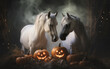 The couple of two beautiful horses with halloween pumpkins in smoke on dark background