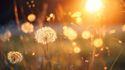 dandelions in a field during sunset. the dandelions are in various stages of growth, some are fully 