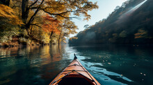 A Tranquil Kayaking Adventure Down A Serene Autumn River, Surrounded By Nature's Colorful Embrace And A Sense Of Calm Serenity. Generative AI