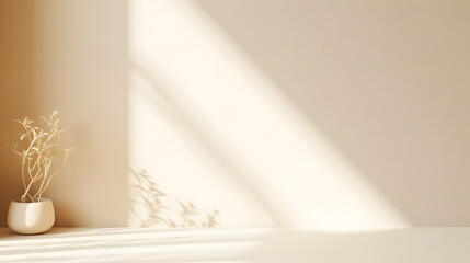 Minimalistic abstract gentle light beige background for product presentation with light andand intricate shadow from the window and vegetation on wall.