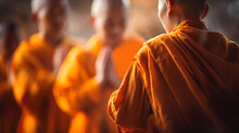 Close Up Monks, Buddhist Holy Day, Thai Buddhist Monk Ordination Ceremony Wallpaper Background Concept, Digital Ai