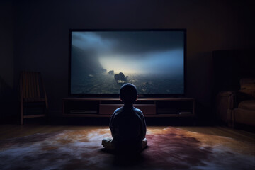 Little boy sitting in front of tv set screen in dark room. Child watching tv. Gamer playing video game. Children addiction