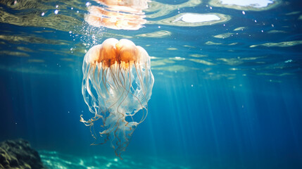 Wall Mural - A jellyfish swimming in the ocean. The jellyfish has a large orange bell and long white tentacles. The tentacles are trailing behind the jellyfish as it swims