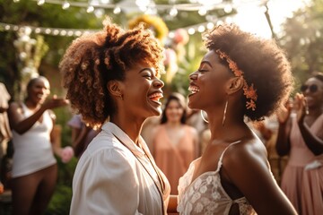 Wall Mural - Lesbian couple celebrating their marriage with a ceremony in the garden of their home. Two black women. The couple and the guests are very happy.