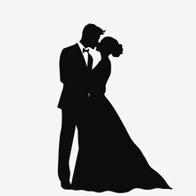 Bride And Groom. Newlyweds Kiss. Black Silhouette. Vector Illustration