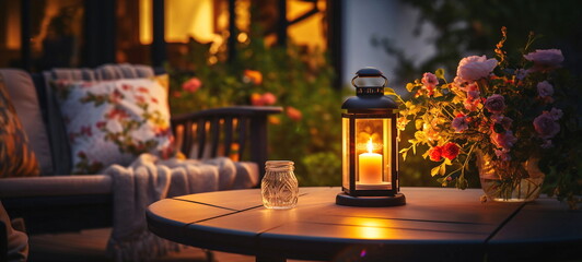 Wall Mural -  terrace outside ,blurred lantern candle light, soft sofa flowers and trees in garden ,cozy house  atmosfear on evening 