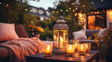 Cozy Cafe  Terrace Outside ,blurred Lantern Candle Light, Soft Sofa Flowers And Trees In Garden ,cozy House  Atmosfear On Evening 