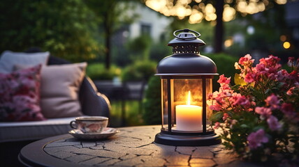 Wall Mural - cozy cafe  terrace outside ,blurred lantern candle light, soft sofa flowers and trees in garden ,cozy house  atmosfear on evening 