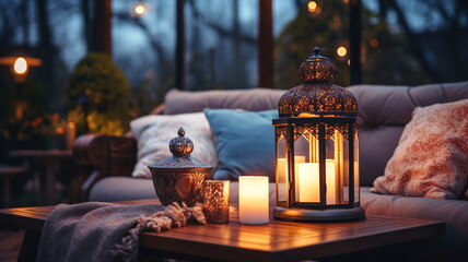 Wall Mural -  terrace outside ,blurred lantern candle light, soft sofa flowers and trees in garden ,cozy house  atmosfear on evening 