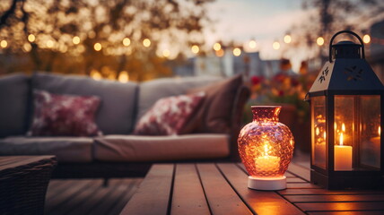 Wall Mural -  terrace outside ,blurred lantern candle light, soft sofa flowers and trees in garden ,cozy house  atmosfear on evening 