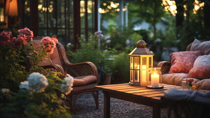 Wall Mural -  terrace outside ,blurred lantern candle light, soft sofa flowers and trees in garden ,cozy house  atmosfear on evening 