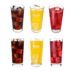 Wall Mural - Collage of tasty refreshing soda drinks with ice cubes on white background