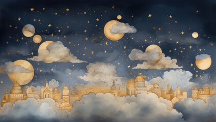 Wall Mural - golden and black night sky painting with the moon, stars and clouds in different shades.