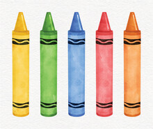 Multi-colored Wax Crayons Vector Set. Kids Coloring Crayons In Watercolor Style For School And Drawing Concept