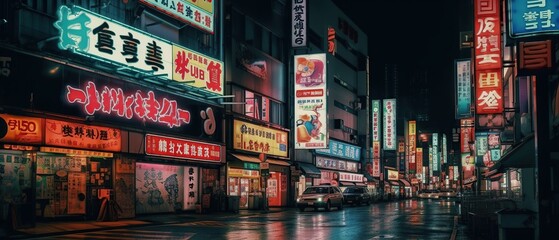 Tokyo, Japan Advertisement billboards and signs on nightlife district. The area is an entertainment and red-light district. A night of the neon street at the downtown wide shot.