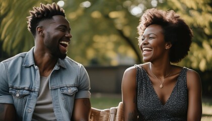 Wall Mural - Black couple laughing and talking outdoors - happy relationship concept