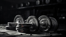 Dumbbells Positioned On The Floor Against A Dark Backdrop