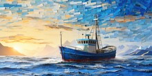 Illustration Of The Fishing Boat Stopped Quietly On The Sea, Generative AI