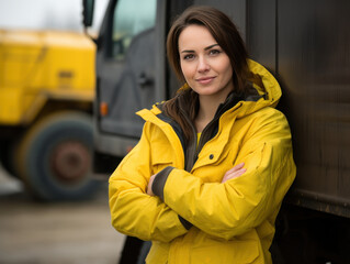 Poster - woman working on a construction site, construction hard hat and work vest, smirking, middle aged or older,