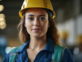 Wall Mural - woman working on a construction site, construction hard hat and work vest, smirking, middle aged or older,