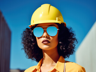 Poster - woman working on a construction site, construction hard hat and work vest, smirking, middle aged or older,