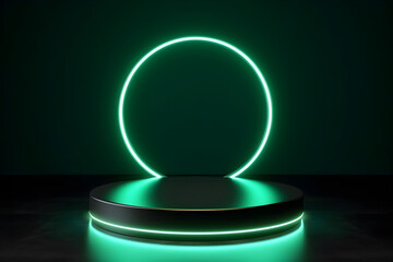 Modern empty green podium pedestal with neon glowing green circle light on stage for product blank display podium scene or presentation with showcase in the studio room background.