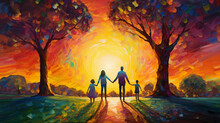 A Dreamy Illustration Of An LGBTQ   Family, All Three Members Holding Hands In A Picturesque Park, At Sunset, Oversaturated Colors, Surrealistic, Impressionistic Oil Painting