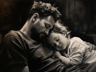  parent enjoying a quiet moment with their baby, dramatic lighting, intimate closeup, emotional depth, raw texture, realistic style, white paper, black charcoal