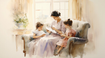 Wall Mural - mothers teaching their son to read, soft, pastel colors, homey atmosphere, simple setting