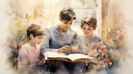 Wall Mural - mothers teaching their son to read, soft, pastel colors, homey atmosphere, simple setting