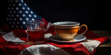 Stars, Stripes Enjoy A Hot Coffee In A Brown And White Mug On The American Flag