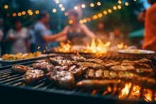 Outdoor Barbeque With Friends And Family Grilled Steak And Chicken With Background Of Blurred Person