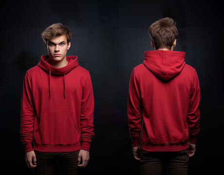 Front and back view of a red hoodie mockup for design print