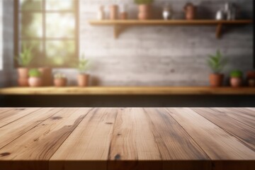 Montage wooden table with blurred modern kitchen room background. Generative AI