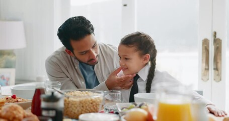 Canvas Print - Breakfast, love and morning with father and daughter at table for food, gratitude and wellness. Relax, support and brunch with man and girl eating at home for nutrition, back to school and health