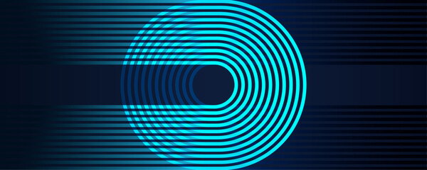 Fototapete - Abstract dark blue background with glowing circle geometric lines in blue green light rounded lines pattern. Concept of music, technology, digital, poster, cover, banner, brochure, website, flyer