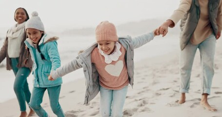 Poster - Freedom, love and sunset with a family on the beach together for a holiday or vacation in summer. Travel. nature and happy children with their parents on the coast by the sea or ocean for bonding