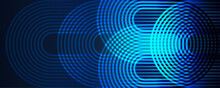  Modern Shiny Geometric Stripe Circle Line Pattern Spin Blue Green On Dark Blue Background. Abstract Glowing Blue Rounded Lines In The Concept Of Music, Technology, Digital, 