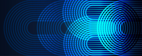  Modern shiny geometric stripe circle line pattern spin blue green on dark blue background. Abstract glowing blue rounded lines in the concept of music, technology, digital, 