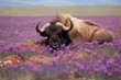 Powerful buffalo leader resting in blooming spring