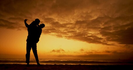 Canvas Print - Sunset, father and lifting a kid in air at beach for adventure with support or care on vacation. Child, parent and playing with freedom or silhouette for bonding with running on holiday for fun.