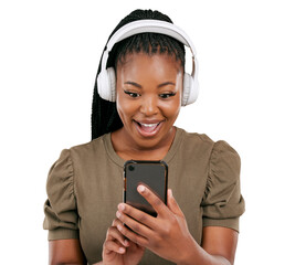 Surprise on smartphone, black woman and headphones with social media isolated on png transparent background. Wow, communication and female person using phone, scroll website and app with music