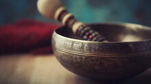 Tibetan Singing Copper Bowl With A Wooden Colorful Clapper On A Brown Wooden Table, Objects For Meditation And Alternative Medicine, Close Up