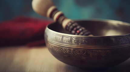 Tibetan singing copper bowl with a wooden colorful clapper on a brown wooden table, objects for meditation and alternative medicine, close up