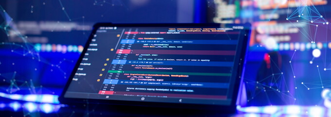 Notebook coding background business data analytics programming online,  digital world technology