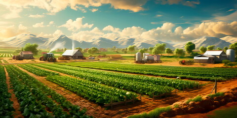 sprawling agricultural farm with fields of crops, tractors, and machinery involved in food production for a growing population.Generative AI