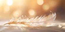 Feather Background With Golden Details And Blurred Bokeh Lights In Beige And Amber Tones.