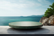 Round Stone Display Table At Ocean Side. Futuristic Minimalist Mediterranean Still Life Platform With Blue Sky For Product Design. 