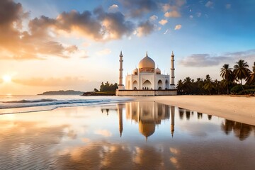 Poster - beautiful mosque in the tropical beach, amazing panorama, generative Ai art